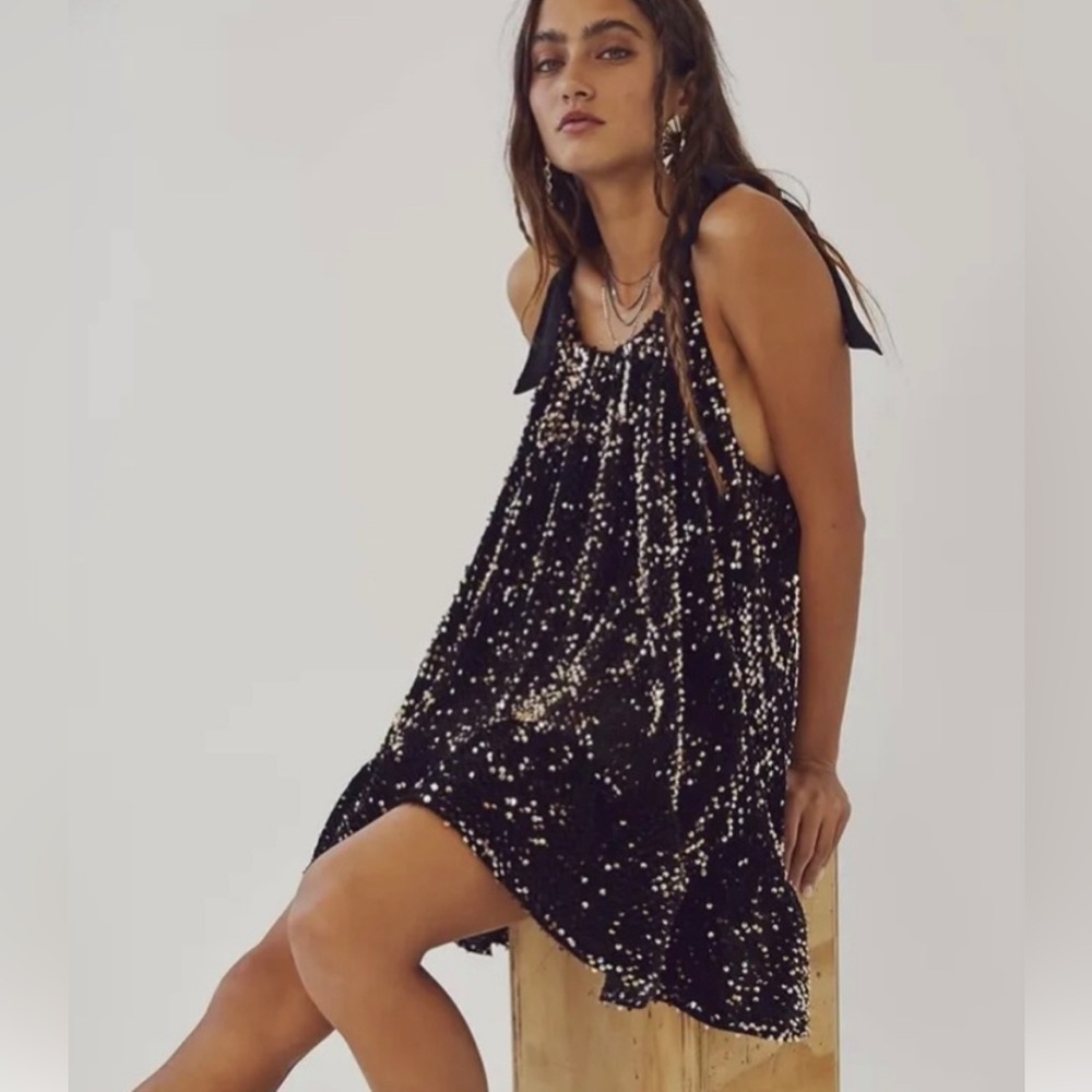 🆕Sparkly Free People Nova Convertible Sequin Black Mini Dress/Tunic Size…